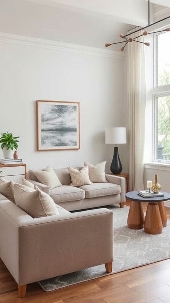 A cozy living room and dining room combo featuring a light-colored couch, a stylish coffee table, and a decorative lamp.