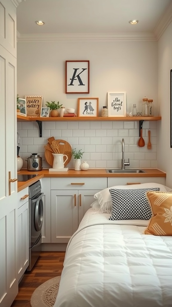 A cozy small kitchen with a bed, open shelving, and decorative elements.
