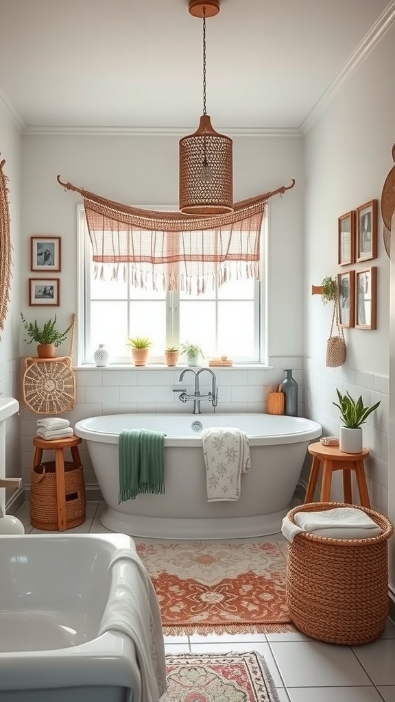 A bohemian-style bathroom featuring a freestanding tub, woven decor, plants, and warm colors.