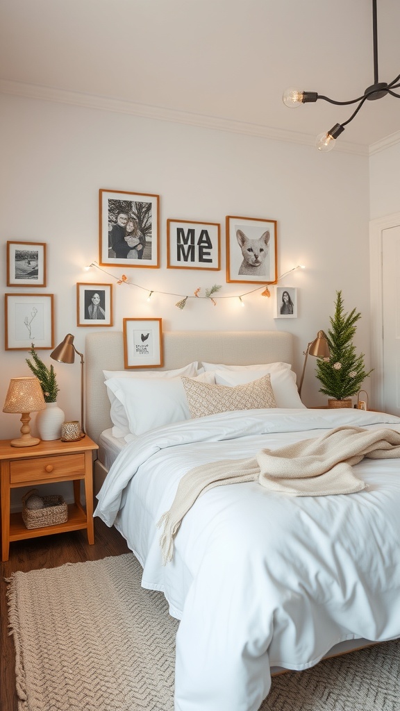 A cozy winter bedroom with white bedding, framed artwork on the walls, string lights, and small plants.