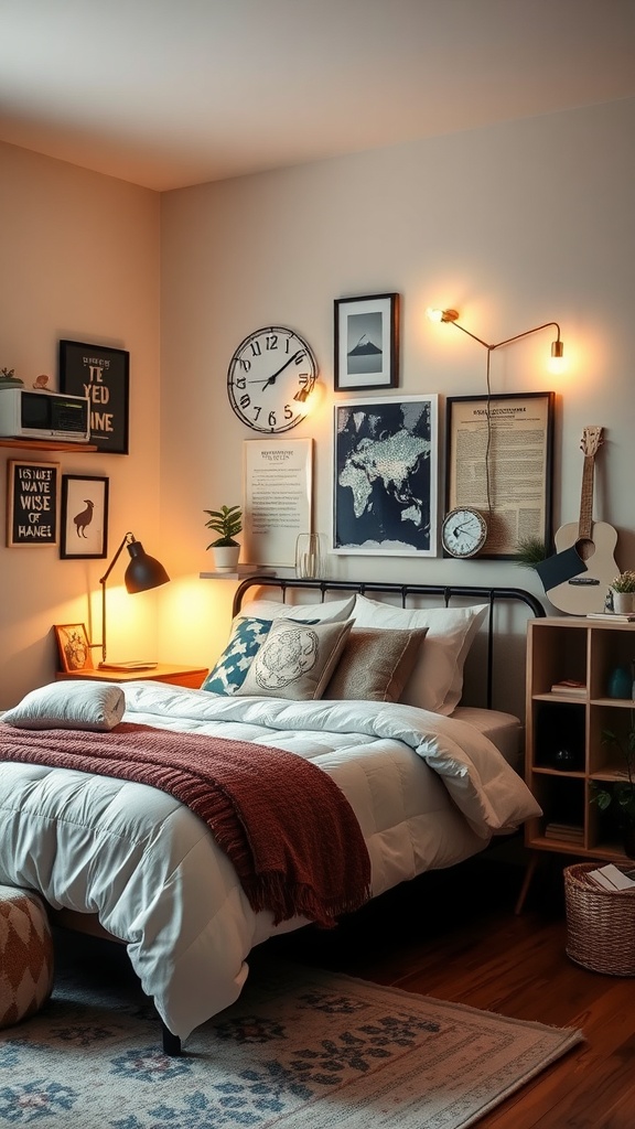 A cozy bedroom featuring a white and beige color scheme with personalized decor and warm lighting.