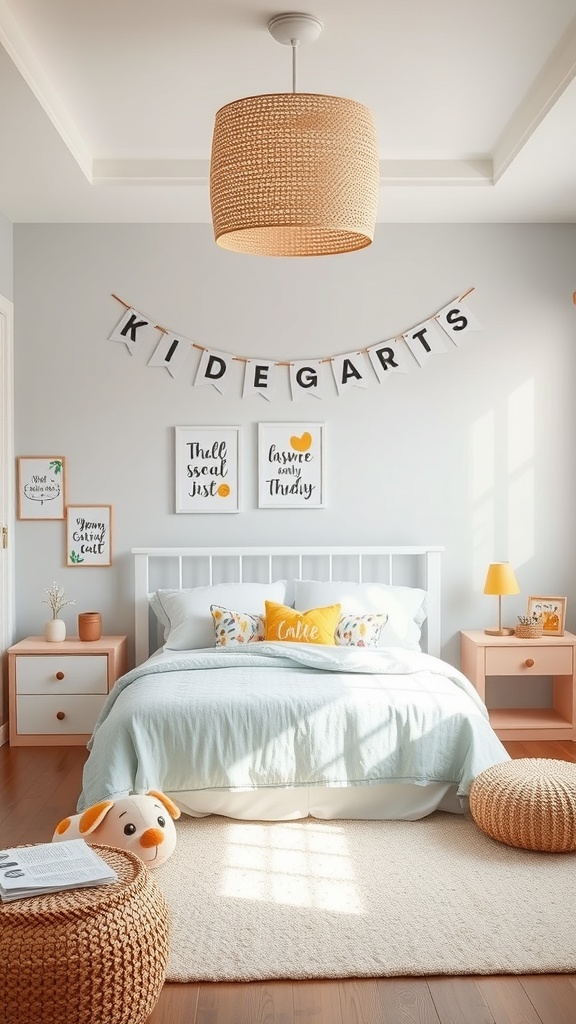 A bright kindergarten bedroom with a banner, colorful pillows, and playful decor.