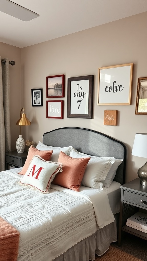 A cozy bedroom featuring a well-made bed with decorative pillows and a gallery wall of framed art.