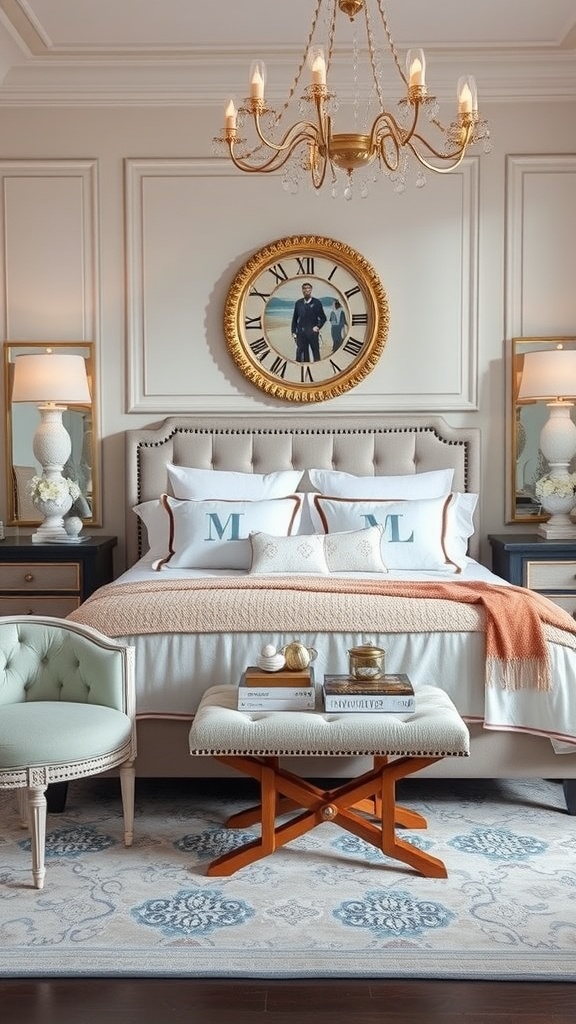 A luxurious bedroom featuring a stylish bed with personalized pillows, elegant chandelier, and decorative accessories.