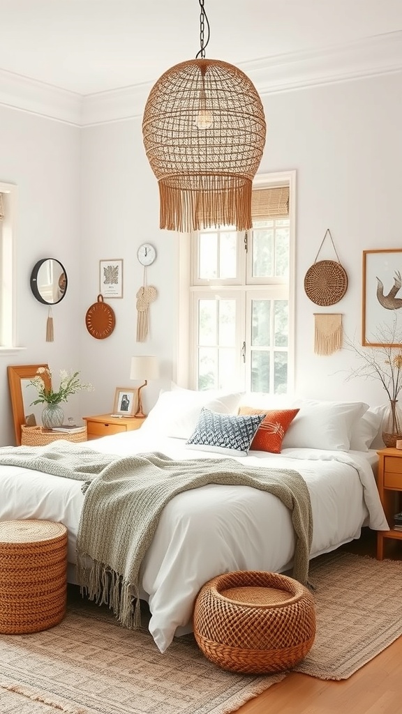 A cozy Scandinavian boho bedroom featuring a woven pendant light, decorative wall hangings, and textured accessories.