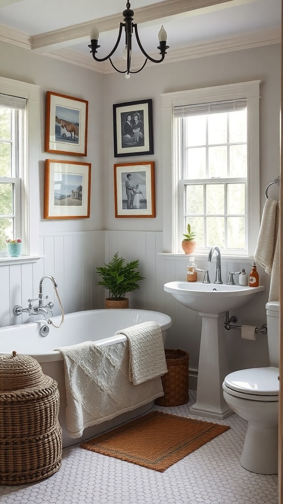 A cozy cottage bathroom featuring framed artwork on the walls, a bathtub, and natural elements.