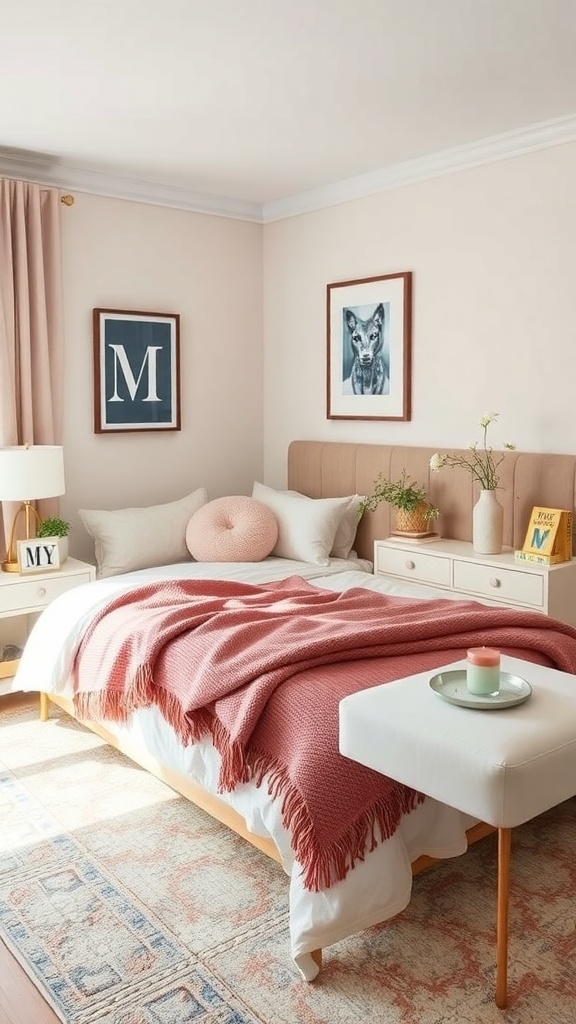 A cozy mom bedroom featuring soft pink walls, a stylish bed with a pink throw blanket, framed artwork, and a bedside table with a candle and flowers.