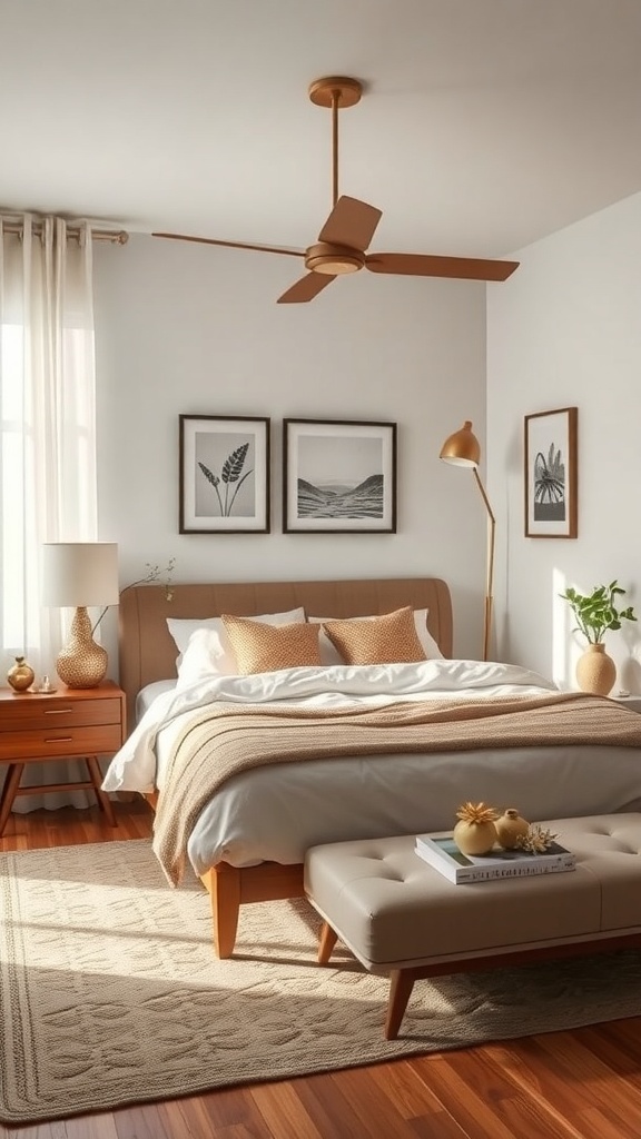 A mid-century modern bedroom featuring warm tones, stylish decor, and nature-inspired artwork.