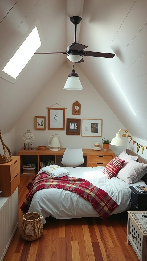 Cozy attic bedroom with white bedding, wooden furniture, decorative wall art, and warm lighting