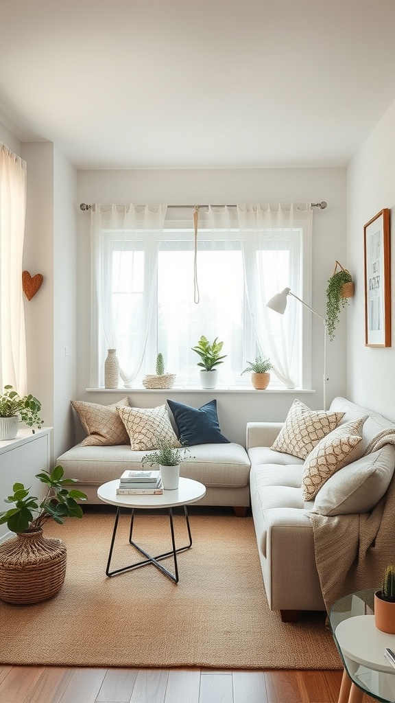 A cozy tiny living room with light curtains, plants, a sectional sofa, and decorative pillows.