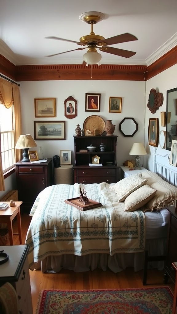 A cozy cottage bedroom featuring family heirlooms and vintage decor.