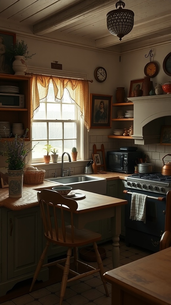 A cozy Victorian kitchen filled with family heirlooms, featuring a wooden table, vintage plates, and warm lighting.