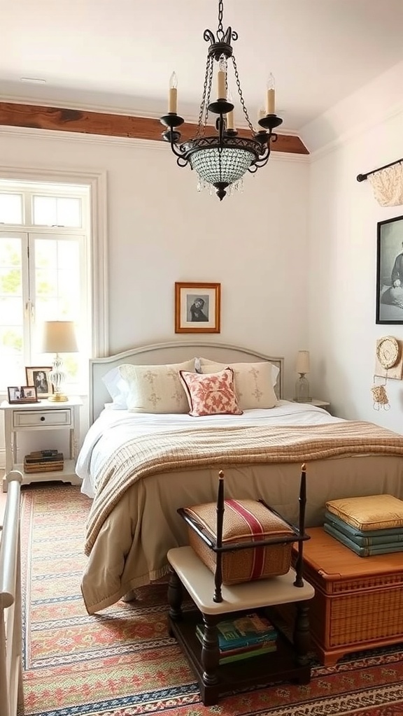 A cozy French country bedroom featuring a bed with soft linens, a chandelier, and family heirlooms.