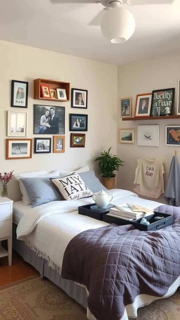 A cozy bedroom featuring a collection of family photos on the wall, along with comfortable bedding and decorative elements.