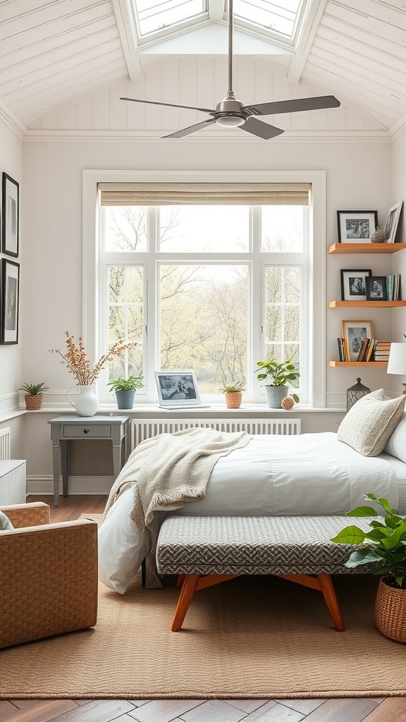 A cozy sunroom with a bed, plants, and family photos displayed on shelves.