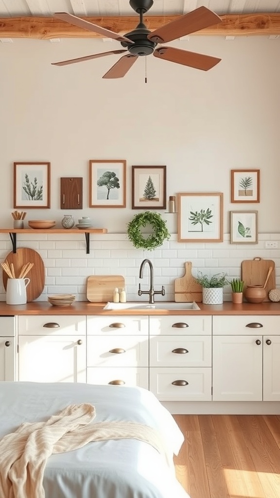 A cozy kitchen with earthy tones, featuring wooden shelves, framed plant artwork, and natural decor elements.