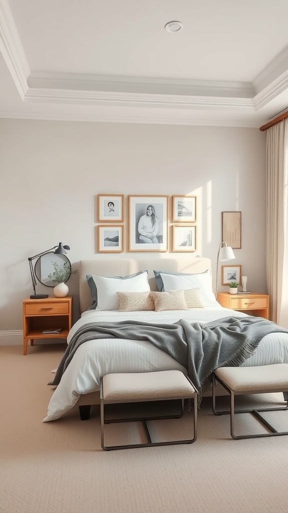 A neutral bedroom featuring a bed with white and gray linens, wooden nightstands, and framed artwork on the wall.