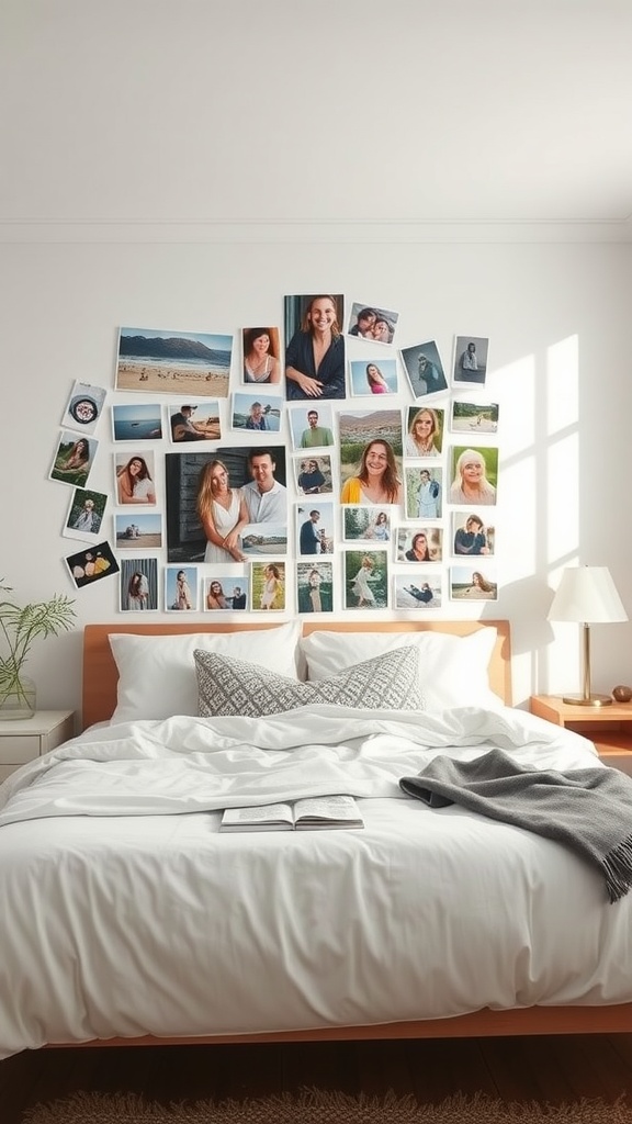 A cozy bedroom featuring a gallery wall of personal photos above the bed, giving it a warm and inviting feel.
