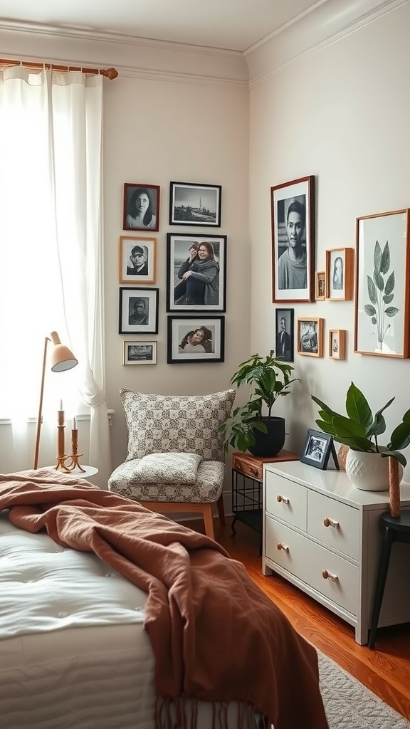 A cozy bedroom with a reading nook featuring framed photos and artwork on the wall