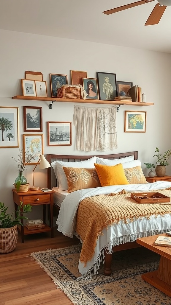 A cozy bohemian bedroom featuring a wooden shelf with travel souvenirs and framed pictures above a neatly made bed.