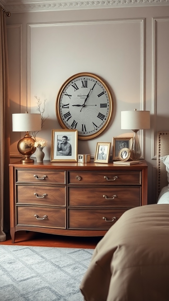 A beautifully styled bedroom dresser with a classic clock and framed photographs.