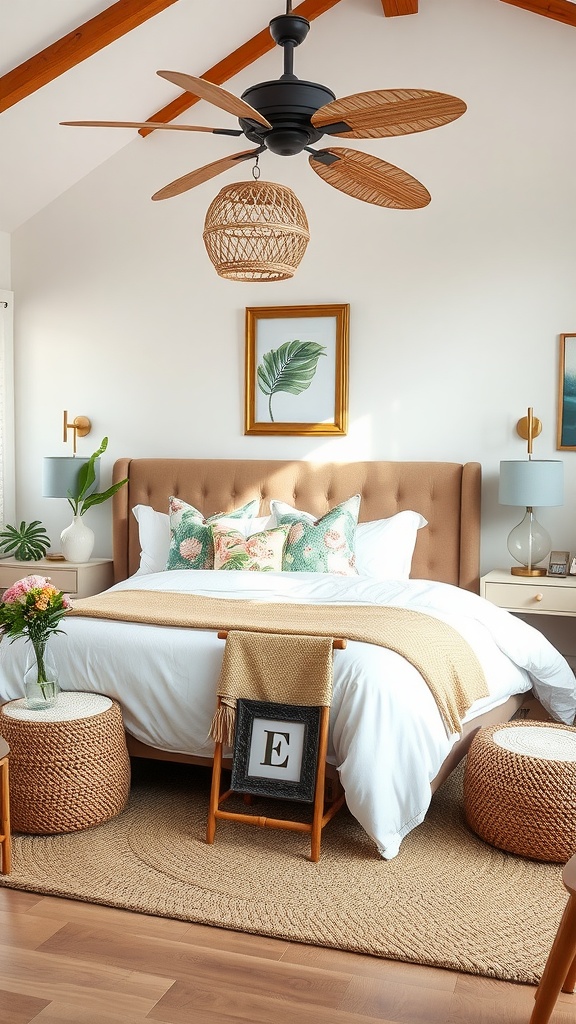 Tropical bedroom with wooden beams, woven light fixture, and colorful bedding