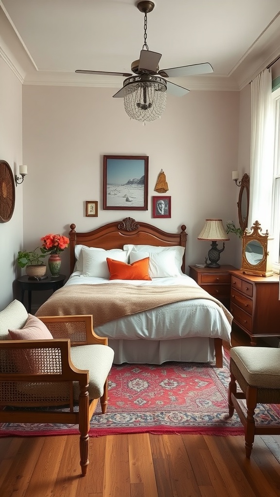 A vintage-style bedroom featuring a wooden bed, decorative art on the walls, and cozy furniture.