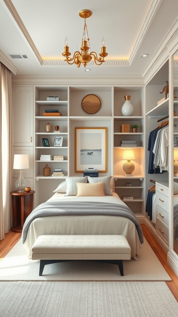 A cozy bedroom with a personalized walk-in closet featuring open shelving and elegant decor.