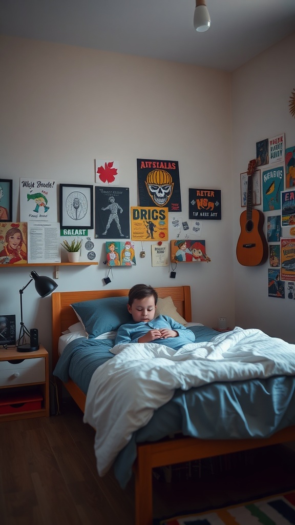 A teenage boy lounging on a bed in a room with personalized wall art and posters.