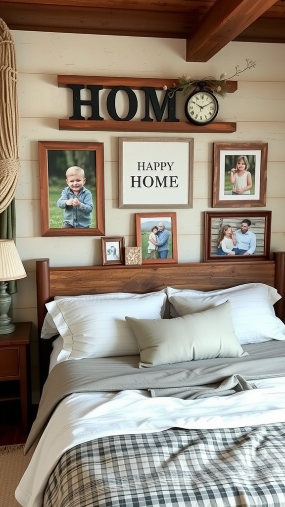 Cozy rustic bedroom with personalized wall art featuring family photos and a clock.