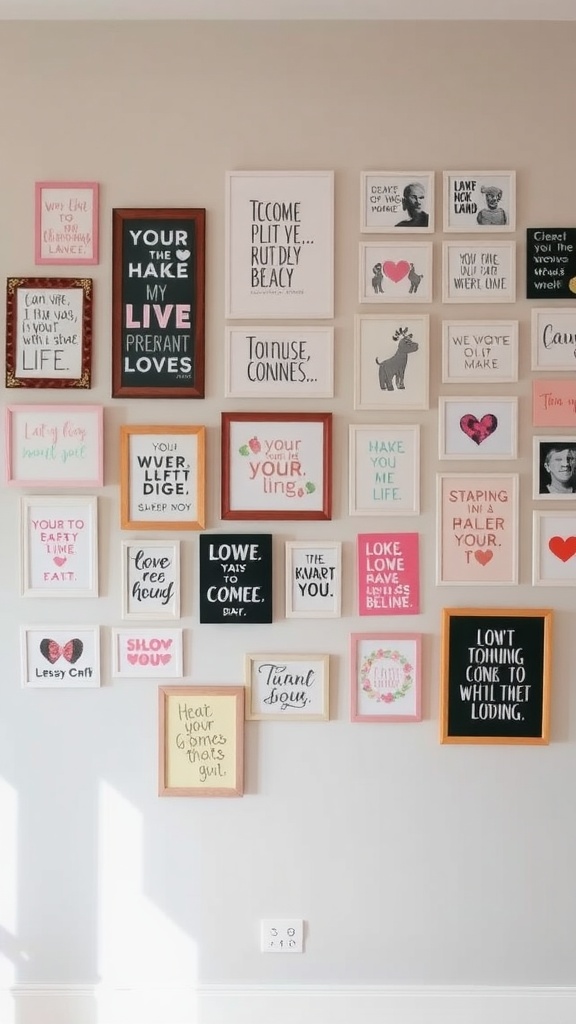 A wall decorated with colorful personalized wall art in various frames.