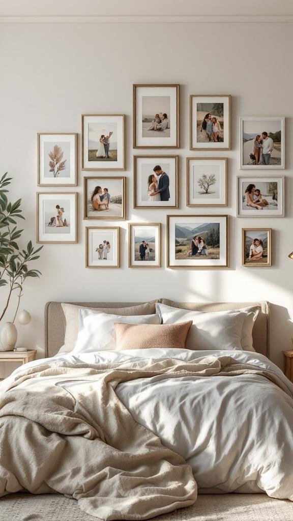 A cozy bedroom with a gallery wall of framed photos and art, featuring a neatly made bed.