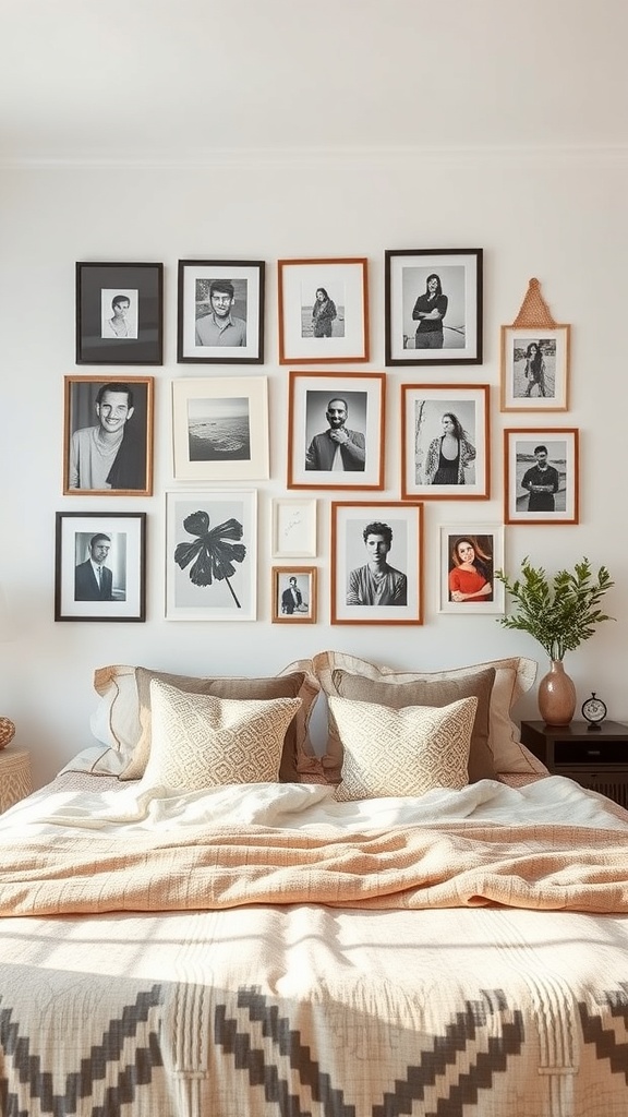 A cozy bedroom featuring a gallery wall of black-and-white photographs in various frames.