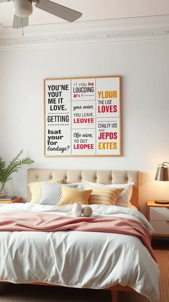 A bedroom featuring personalized wall art with playful phrases in bold typography.