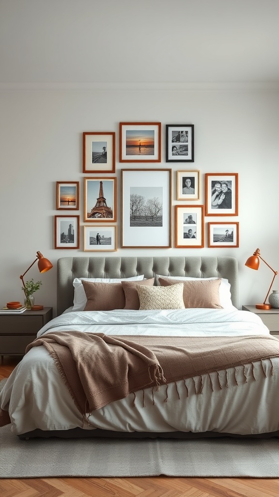 A cozy bedroom with personalized wall art featuring framed photos and prints.