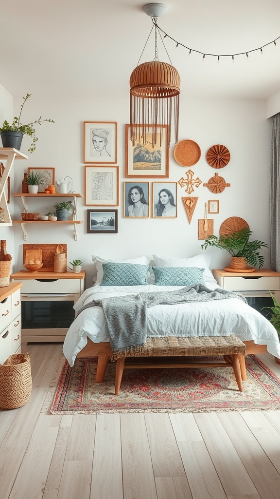 A cozy boho kitchen with personalized wall art, featuring framed pictures and woven decor.