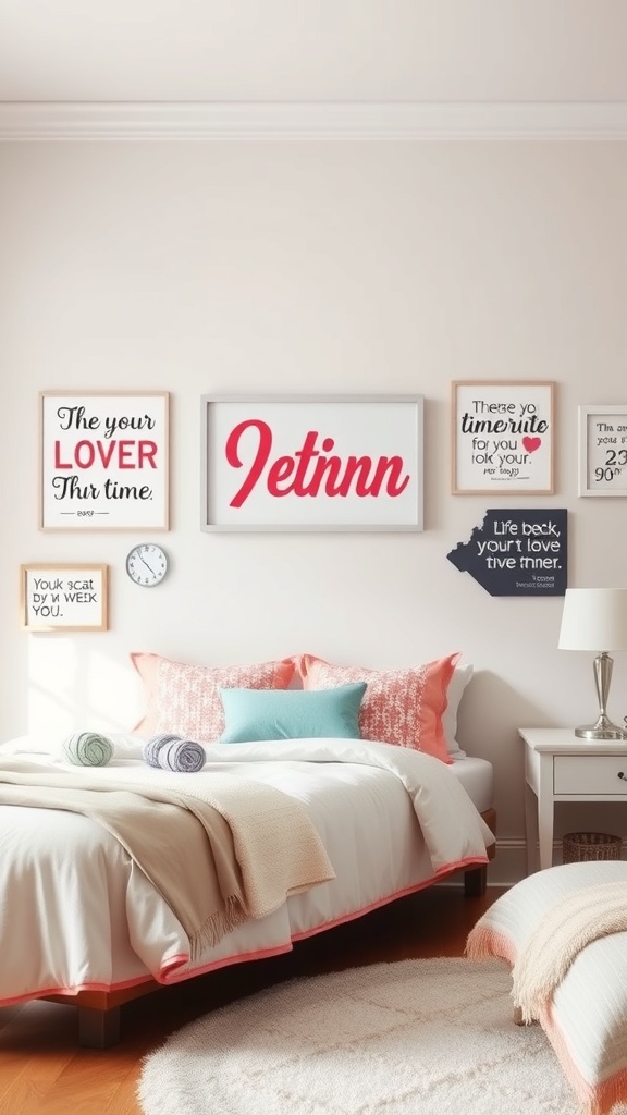 A cozy tween girl's bedroom with personalized wall art above the bed, featuring various framed quotes and designs.