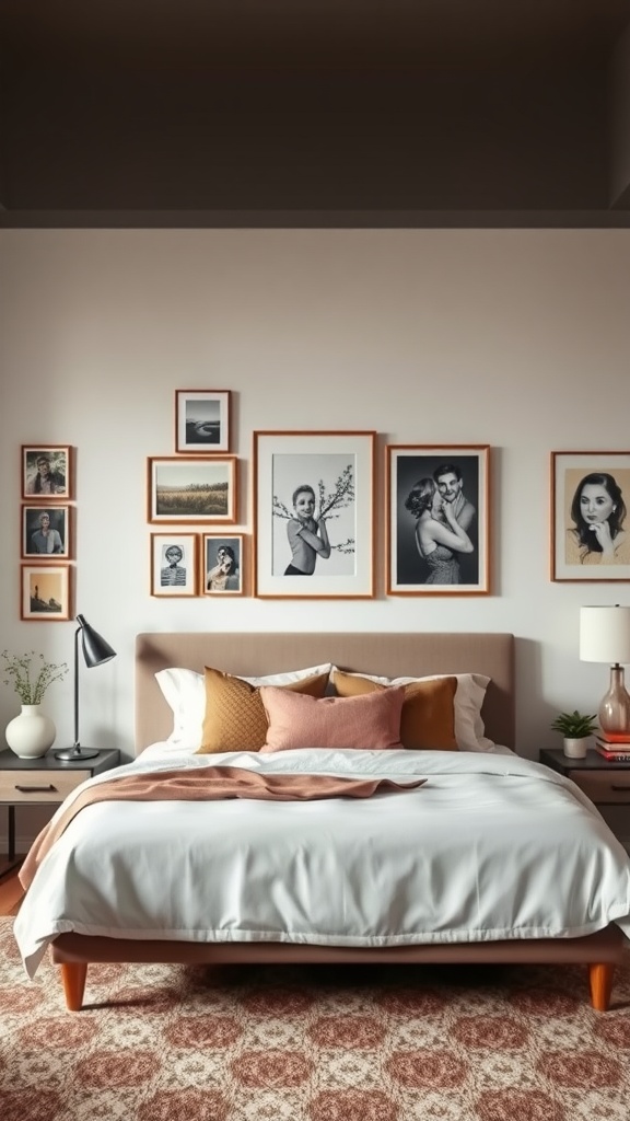 A chic bedroom featuring a cozy bed and a gallery wall of framed wall art.
