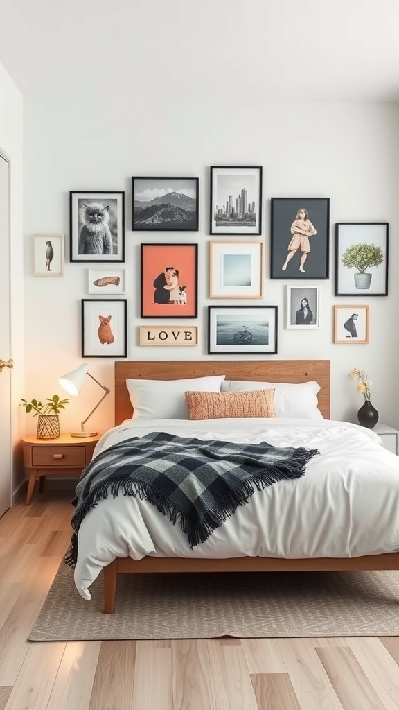 A cozy bedroom featuring a personalized wall art display with various framed artworks above the bed.