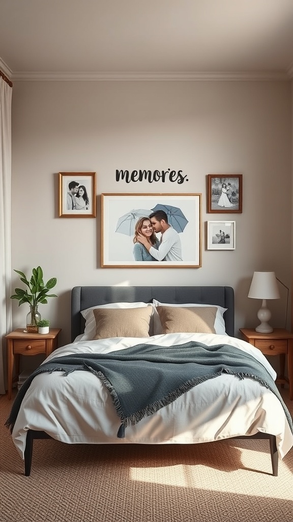 A cozy small bedroom with personalized wall art featuring framed photos and the word 'memories.'