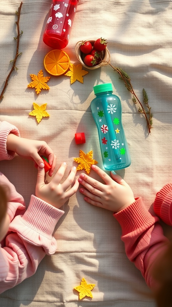 Children decorating water bottles with stickers and leaves during a picnic.