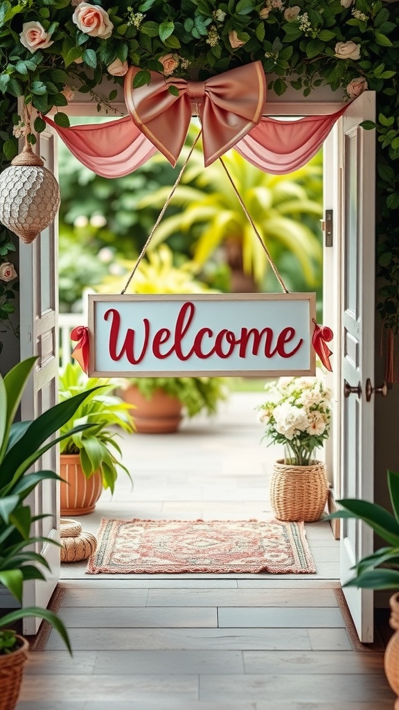 A welcoming entrance decorated with a sign and floral accents.