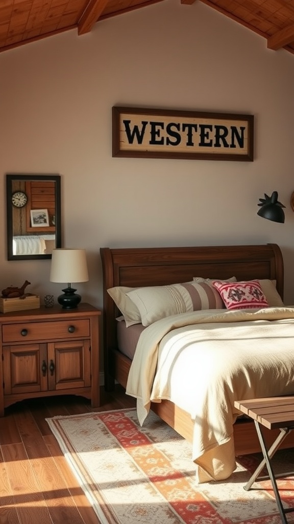 A western-themed bedroom featuring a wooden sign that reads 'WESTERN' above the bed, with rustic furniture and warm tones.