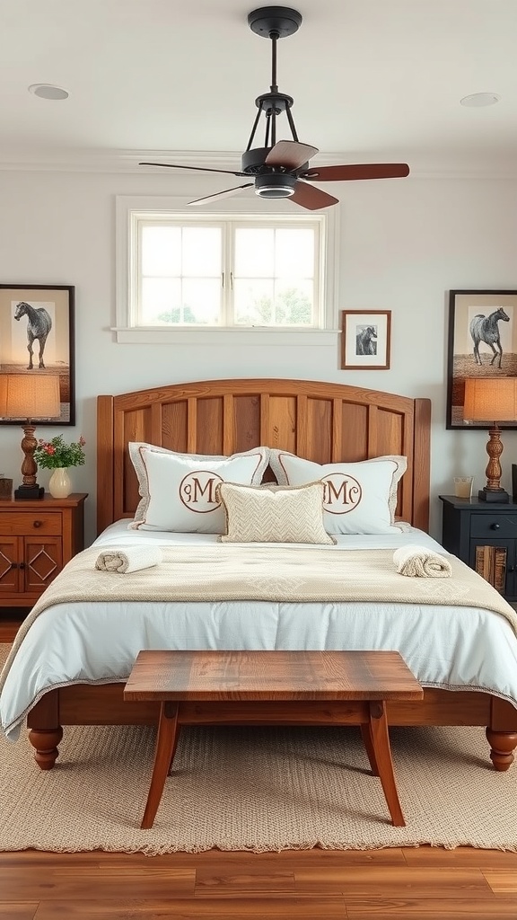 A cozy Western-themed bedroom with a wooden bed, decorative pillows, horse artwork, and warm lighting.