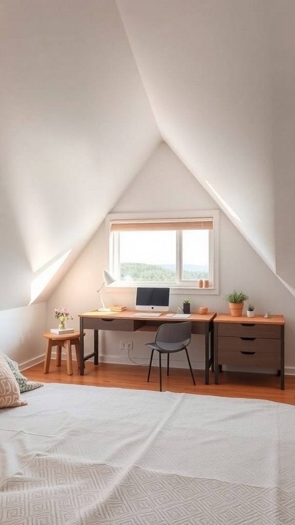 A cozy attic bedroom with angled ceilings featuring a workspace by the window, a desk, chair, and plants.