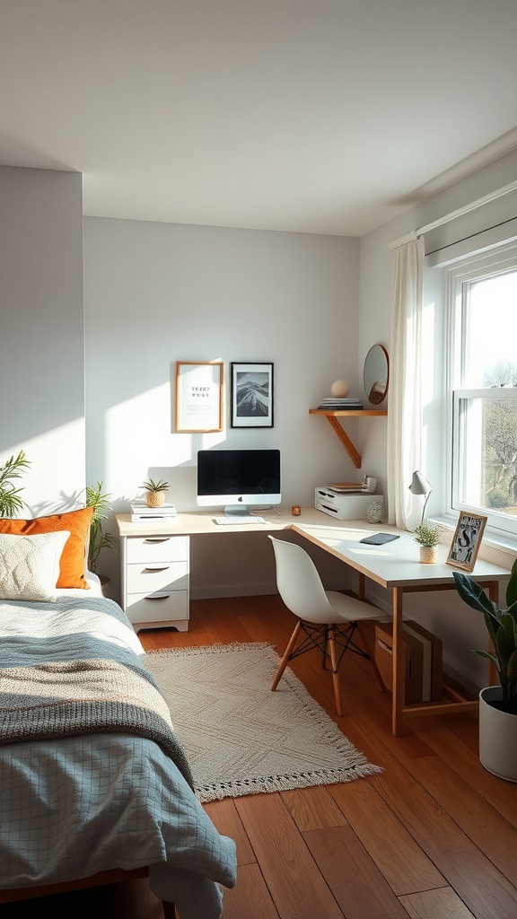 A cozy L-shaped bedroom featuring a personalized workstation with natural light, a desk, and a comfortable bed.