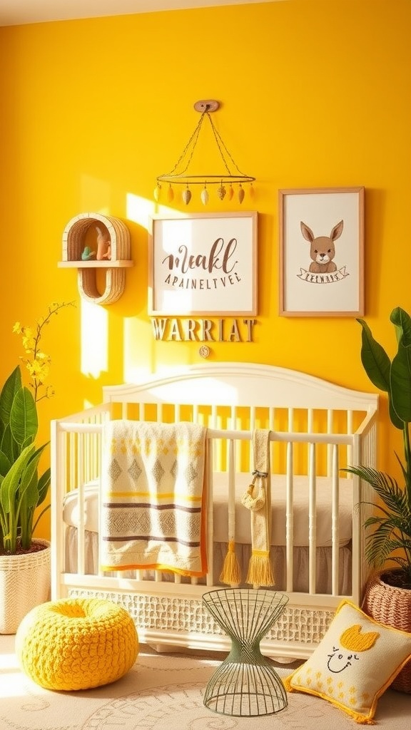 A bright yellow nursery featuring a crib, decorative wall art, and cozy accents.