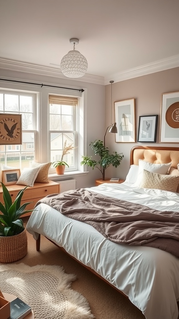 A cozy bedroom with a warm blanket on the bed, plants, and soft lighting.
