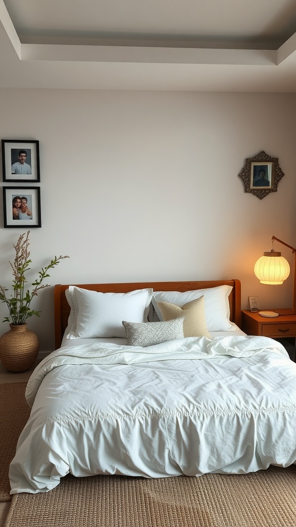 A cozy zen bedroom featuring a neatly made bed, warm lighting, personal photos, and a touch of greenery.