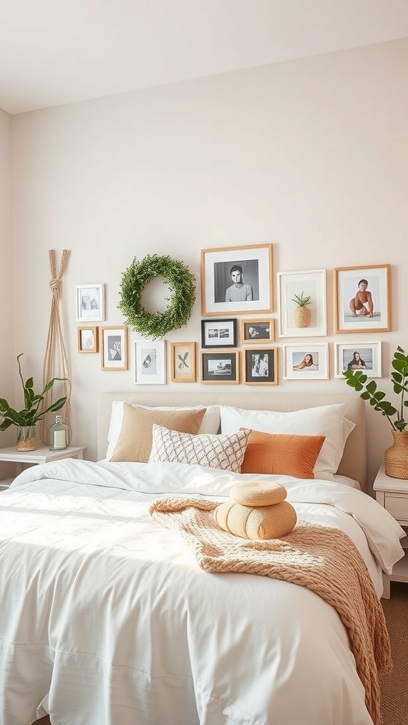 Cozy bedroom with a gallery wall, soft bedding, and plants